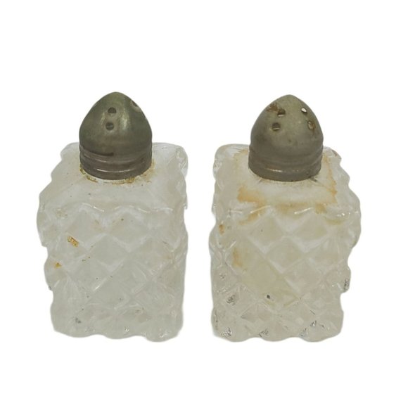 Vintage Cut Glass Mini Salt Pepper Shakers Aluminum Lids MCM MId Century - Picture 5 of 8